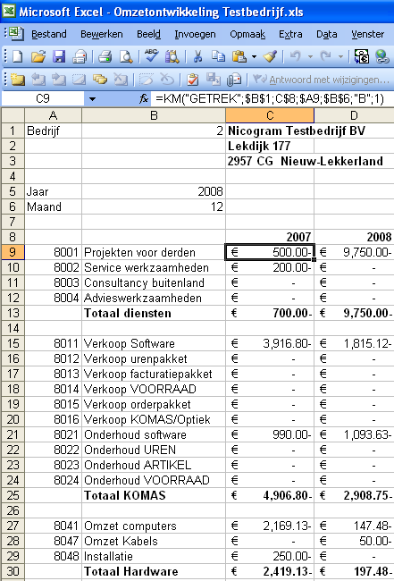 Voorbeeld Excel werkblad met KOMAS macro